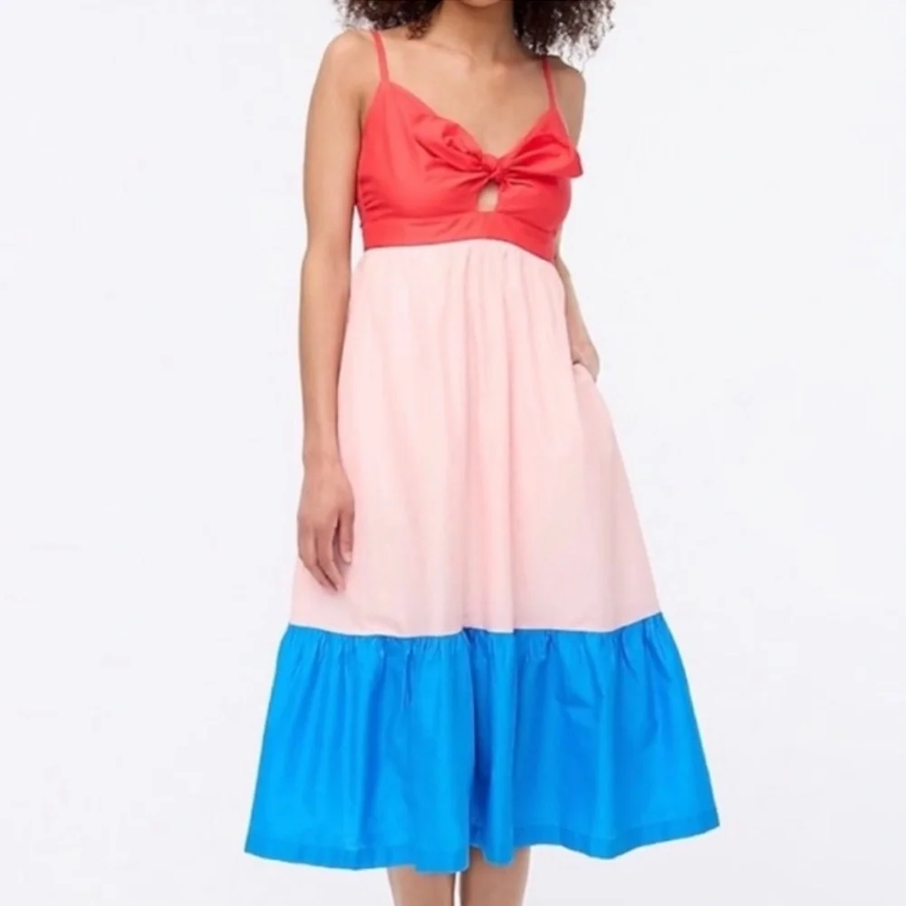 NEW J. Crew Red Blue Colorblock Bow Detail Tie-front Cutout Cotton Midi Dress